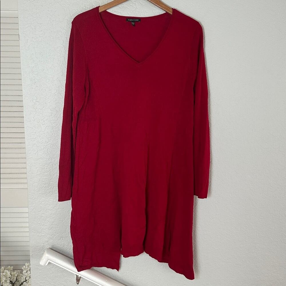 Eileen Fisher Rich Red Knit Tunic Top Dress 100% Merino Wool Size Large